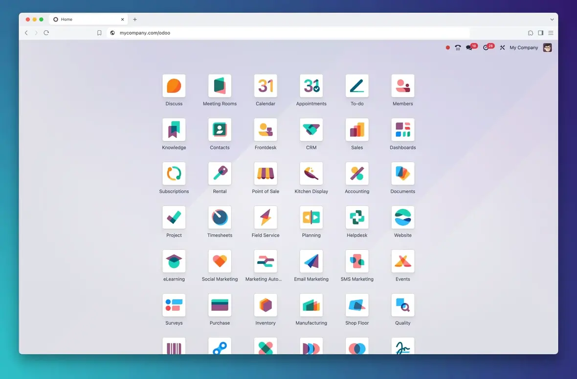 Het startscherm van Odoo met alle beschikbare apps